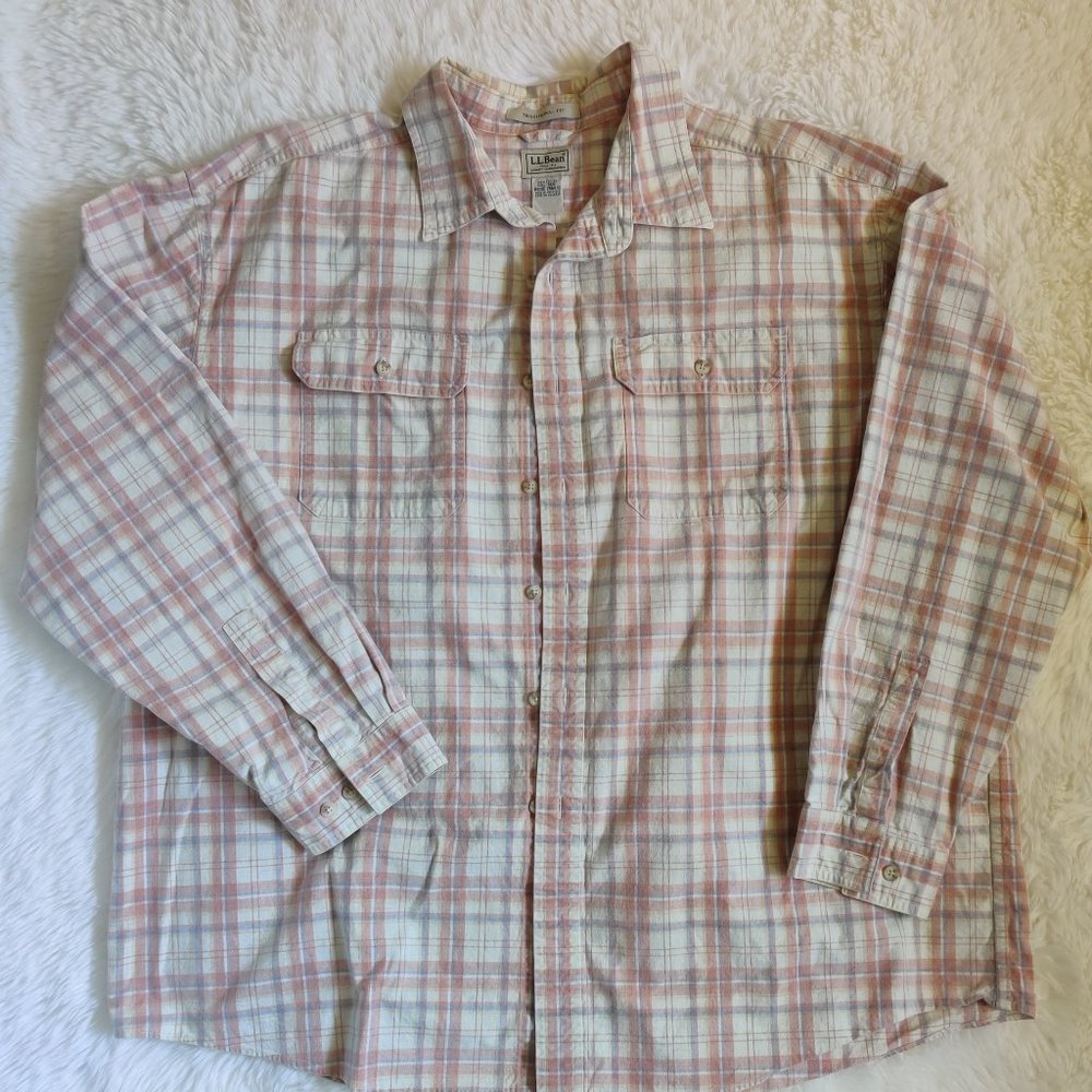 L.L. Bean Traditional Fit Men's Flannel Button Up Shirt Light Pink and Cream XXL